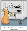 Cartoon: Common Ground (small) by Humoresque tagged cat,cats,owner,owners,mice,mouse,pet,pets,and,refrigerator,refrigerators,cheese,cheeses,string,strings,enemy,enemies,friend,friends,friendship,common,interest,interests,compromise,compromises,compromising,ground