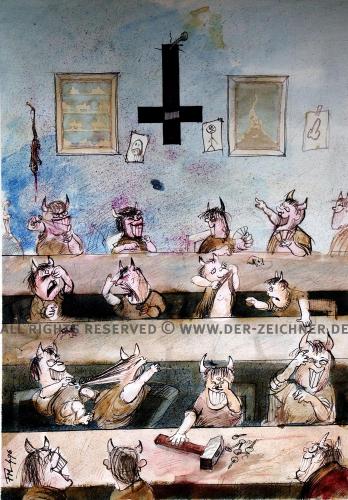 Cartoon: Das Kreuz hängt wieder (medium) by wwwder-Zeichnerde tagged kreuz,kruzifix,leistner,teufel,schule,klasse,streit,leben,