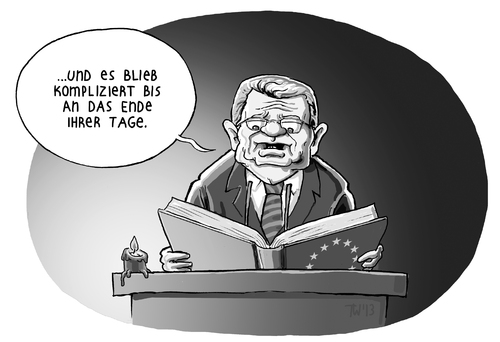 Cartoon: Gaucks Europageschichte (medium) by Tobias Wieland tagged joachim,gauck,budespräsident,rede,europa,euro,geschichte,politik,brüssel,deutschland,karikatur,tobias,wieland,cartoon,märchen,es,war,einmal