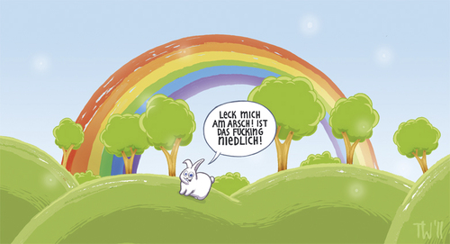 Cartoon: Na dann! (medium) by Tobias Wieland tagged kaninchen,niedlich,cute,regebogen,rainbow,bunny,rabbit,baum,bäume,tree