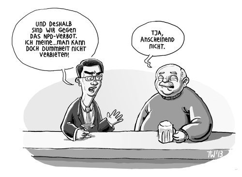 Cartoon: NPD-Verbot (medium) by Tobias Wieland tagged fdp,npd,verbot,verbotsantrag,dummheit,rösler,philipp,merkel,regierung,bundesregierung,nein,karikatur,cartoon,tobias,wieland