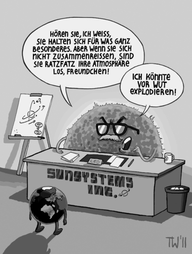 Cartoon: Sonnensturm (medium) by Tobias Wieland tagged sonnensturm,solarsturm,solar,sonne,erde,sonnensystem,atmosphäre,nasa,störung,gps