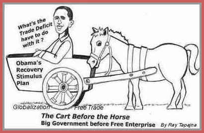 Cartoon: Obama Cart before horse economy (medium) by ray-tapajna tagged obama,bailouts,big,money,economic,crisis,workers,lost,trade,deficit,stimulus,package,globalist,freetrader