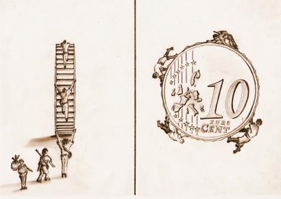 Cartoon: EURO-INMIGRATION (medium) by QUIM tagged europa,,illustration,euro,immigration,ausländer,geld,münze,europa,treppe,aufwärts,abwärts,rund,freiheit,krabbeln,kriechen,reise