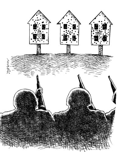 Cartoon: killing of civilians (medium) by Medi Belortaja tagged war,civilians,killing,peace,soldiers,houses,target,shooting