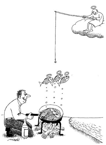 Cartoon: fishing (medium) by Medi Belortaja tagged angel,cooking,pan,fishing,fish,humor