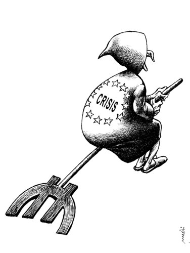 Cartoon: Euro s crisis (medium) by Medi Belortaja tagged euro,europe,crisis,eu,witch,broom,fly,flying