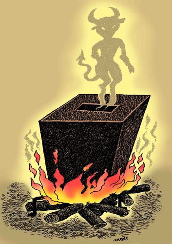 Cartoon: devil of manipulation (medium) by Medi Belortaja tagged manipulation,of,devil,ballot,box,elections