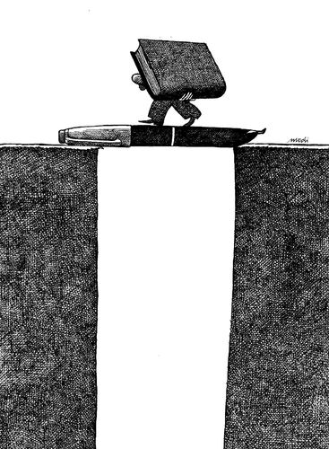 Cartoon: difficult bridge (medium) by Medi Belortaja tagged bridge,difficult,fountain,pen,writer