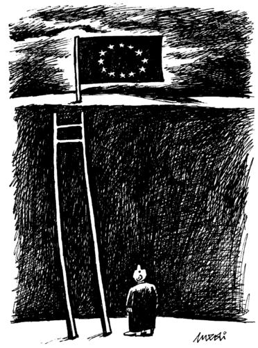 Cartoon: towards Europe (medium) by Medi Belortaja tagged europe,crisis,man,abyss,eu,flag,ladder