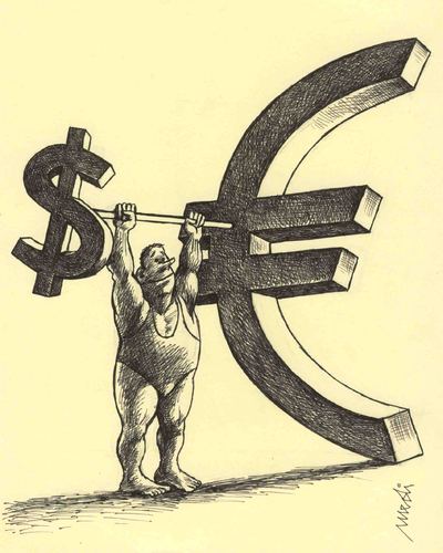 Cartoon: financial  weightlifters (medium) by Medi Belortaja tagged banks,euro,dollar,usd,money,weightlifters,financial