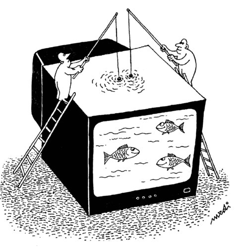 Cartoon: fishing in tv (medium) by Medi Belortaja tagged tv,fish,fisherman,fishing