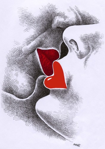 Cartoon: kiss and kiss (medium) by Medi Belortaja tagged day,valentines,kissing,lovers,love,heart,hearts,kiss