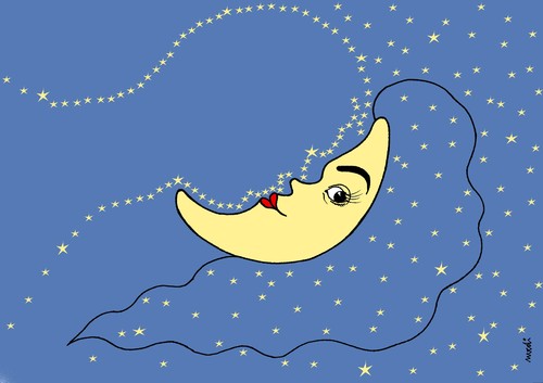 Cartoon: kissing the stars and the moon (medium) by Medi Belortaja tagged husband,wife,man,woman,day,valentines,moon,stars,lovers,love,kiss,kissing,the