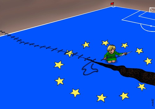 Cartoon: Merkel stitching (medium) by Medi Belortaja tagged angela,merkel,stitching,eu,europe,crisis,football,soccer,euro,2012,ukraine