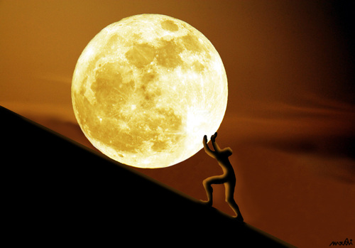Cartoon: moon s sisyphus (medium) by Medi Belortaja tagged man,sisyphus,stone,moon,full,night,push