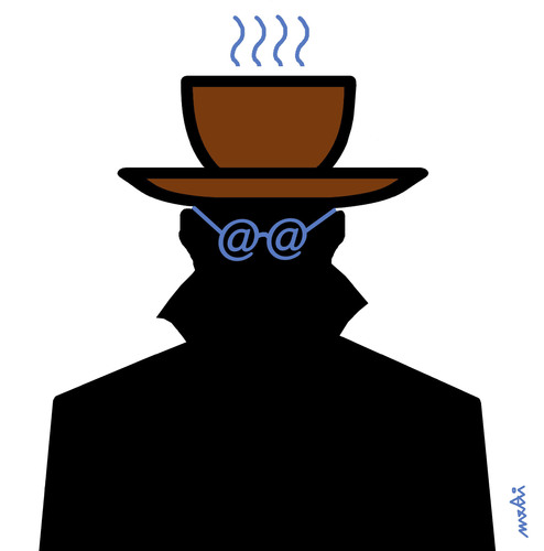 Cartoon: Mr. Internet Coffee (medium) by Medi Belortaja tagged mister,internet,coffee,cop,hat,fb,twitter,social,network,man,spy,glasses