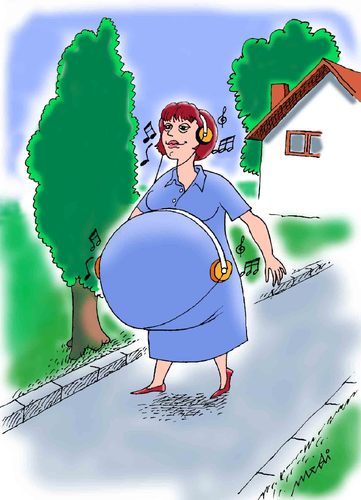Cartoon: music by baby (medium) by Medi Belortaja tagged humor,woman,pregnant,pregnancy,baby,music