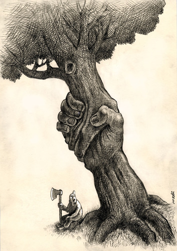 Cartoon: nature s solidarity (medium) by Medi Belortaja tagged peoples,ax,forest,trees,tree,handshake,solidarity,nature,environment