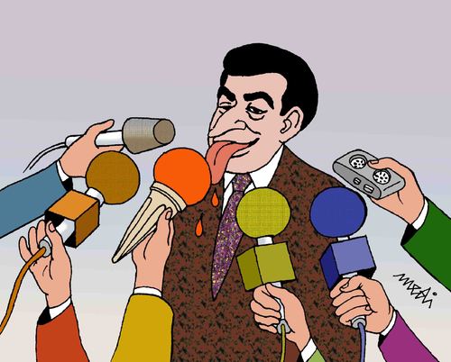 Cartoon: press conference (medium) by Medi Belortaja tagged cream,ice,microphones,conference,press
