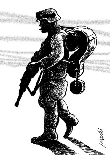 Cartoon: quo vadis (medium) by Medi Belortaja tagged military,bag,question,mark,war,soldier