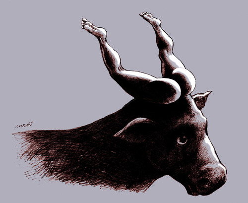 Cartoon: red cow (medium) by Medi Belortaja tagged red,cow,bull,horn,horns,foot,leg,legs