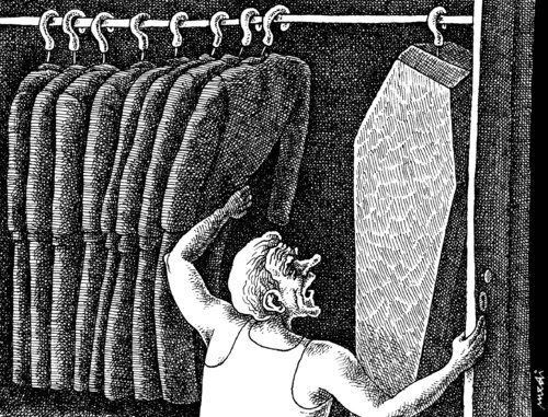 Cartoon: Seeking a fashion costume (medium) by Medi Belortaja tagged dead,death,fashion,man,costume,coffin