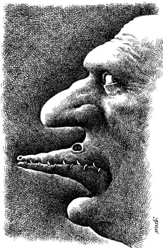 Cartoon: threatening portrait (medium) by Medi Belortaja tagged threat,threatening,crocodile,mouth,lips,face,man