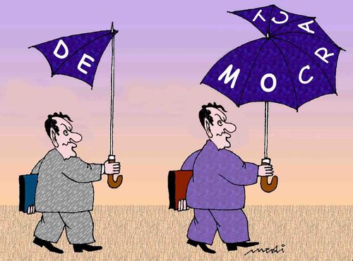 Cartoon: addition to lacking (medium) by Medi Belortaja tagged politics,collaboration,democracy,umbrella,part