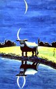 Cartoon: cow reflection in lake (small) by Medi Belortaja tagged cow horns moon night water