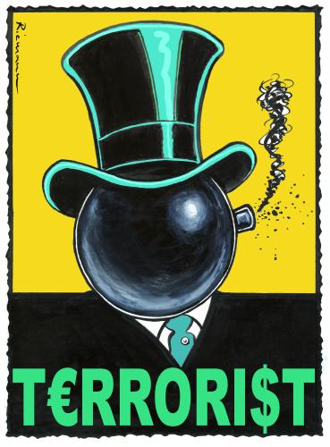 Cartoon: Terrorist (medium) by Riemann tagged greed,banks,banker,vorstand,investors,money,corruption,capitalism,corporation,manager