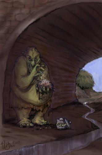 Cartoon: German Bridge Troll Loves Sugar (medium) by halltoons tagged troll,sugar,brains,fantasy