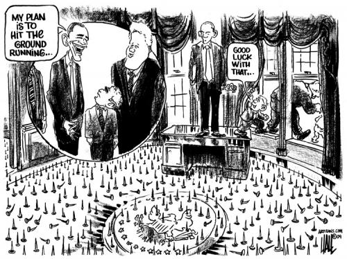 Cartoon: Watch Your Step (medium) by halltoons tagged barack,obama,presidency,usa,president,political,cartoon