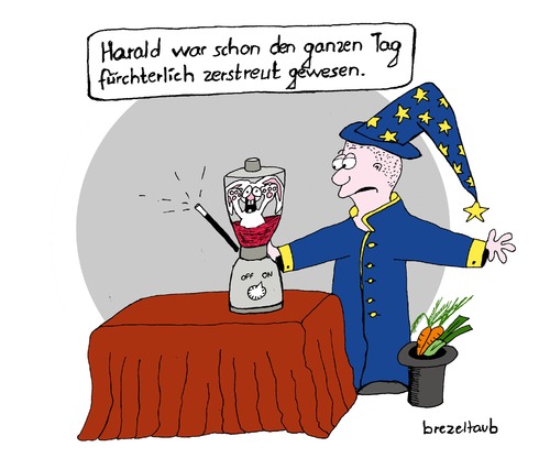 Cartoon: Zaubertrick mit Panne (medium) by brezeltaub tagged zaubertrick,zauberer,brezeltaub,zerstreut,gedankenverloren,missgeschick,weisses,kaninchen,zylinder,zauberstab,mixer,küchengeräte,tierquälerei,magier,magiertrick,abgelenkt,ablenkung