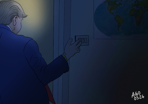 Cartoon: Earth hour (medium) by Ago tagged earth,hour,2026,wwf,klimaschutzaktion,globale,bewegung,signal,erderwärmung,umweltzerstörung,klimawandel,trump,leugner,populist,gefahr,welt,kriege,strafzölle,licht,ausknipsen,dunkelheit,politik,karikatur,cartoon,pressezeichnung,illustration,ago,agostino,natale,earth,hour,2026,wwf,klimaschutzaktion,globale,bewegung,signal,erderwärmung,umweltzerstörung,klimawandel,trump,leugner,populist,gefahr,welt,kriege,strafzölle,licht,ausknipsen,dunkelheit,politik,karikatur,cartoon,pressezeichnung,illustration,ago,agostino,natale