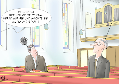 Cartoon: Erleuchtung (medium) by Ago tagged deutschland,regierung,koalition,schwarz,rot,cdu,csu,spd,kanzler,friedrich,merz,finanzminister,vize,lars,klingbeil,pfingsten,feiertag,heiliger,geist,erleuchtung,stärke,mut,negative,entwicklung,umfragewerte,krisen,streit,differenzen,koalitionspartner,schlechte,noten,bevölkerung,reformen,veränderungen,umschwung,wirtschaft,niedergang,volksparteien,politik,caricature,karikatur,cartoon,pressezeichnung,illustration,ago,agostino,natale,deutschland,regierung,koalition,schwarz,rot,cdu,csu,spd,kanzler,friedrich,merz,finanzminister,vize,lars,klingbeil,pfingsten,feiertag,heiliger,geist,erleuchtung,stärke,mut,negative,entwicklung,umfragewerte,krisen,streit,differenzen,koalitionspartner,schlechte,noten,bevölkerung,reformen,veränderungen,umschwung,wirtschaft,niedergang,volksparteien,politik,caricature,karikatur,cartoon,pressezeichnung,illustration,ago,agostino,natale