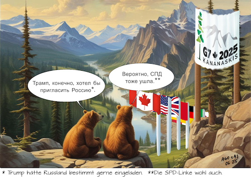 Cartoon: G7 in den rocky mountains (medium) by Ago tagged g7,gipfel,kanada,treffen,westen,usa,eu,agenda,krisen,kriege,trump,spd,verhandlungen,russland,ukraine,nahost,bären,wirtschaft,politik,karikatur,cartoon,pressezeichnung,illustration,ai,ki,ago,agostino,natale,g7,gipfel,kanada,treffen,westen,usa,eu,agenda,krisen,kriege,trump,spd,verhandlungen,russland,ukraine,nahost,bären,wirtschaft,politik,karikatur,cartoon,pressezeichnung,illustration,ai,ki,ago,agostino,natale