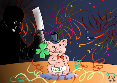 Cartoon: Neujahr 2026 (medium) by Ago tagged jahresende,jahreswechsel,silvester,neujahr,2025,2026,feuerwerk,bedrohung,dunkelheit,metzgerbeil,kriege,krisen,glücksschwein,kleeblatt,symbole,politik,caricature,karikatur,cartoon,pressezeichnung,illustration,ago,agostino,natale,jahresende,jahreswechsel,silvester,neujahr,2025,2026,feuerwerk,bedrohung,dunkelheit,metzgerbeil,kriege,krisen,glücksschwein,kleeblatt,symbole,politik,caricature,karikatur,cartoon,pressezeichnung,illustration,ago,agostino,natale
