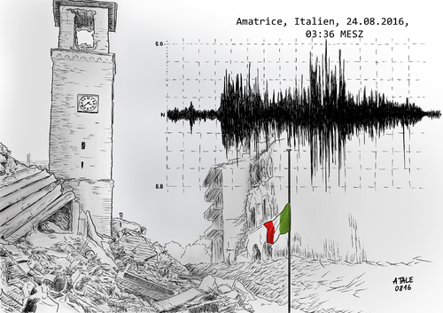 Cartoon: Staatstrauer in Italien (medium) by Ago tagged erdbeben,italien,24,august,2016,latium,amatrice,accumoli,naturkatastrophe,staatstrauer,staatsakt,tote,vermisste,verschüttete,turmuhr,stehengeblieben,drei,uhr,sechsunddreißig,nachts,trümmer,schutt,einsturz,mangelnde,erdbebensicherheit,flagge,halbmast,seismograph,magnituden,erdbebenstöße,aufzeichnung,ausschläge,richter,skala,sechs,komma,zwei,karikatur,cartoon,illustration,erdbeben,italien,24,august,2016,latium,amatrice,accumoli,naturkatastrophe,staatstrauer,staatsakt,tote,vermisste,verschüttete,turmuhr,stehengeblieben,drei,uhr,sechsunddreißig,nachts,trümmer,schutt,einsturz,mangelnde,erdbebensicherheit,flagge,halbmast,seismograph,magnituden,erdbebenstöße,aufzeichnung,ausschläge,richter,skala,sechs,komma,zwei,karikatur,cartoon,illustration
