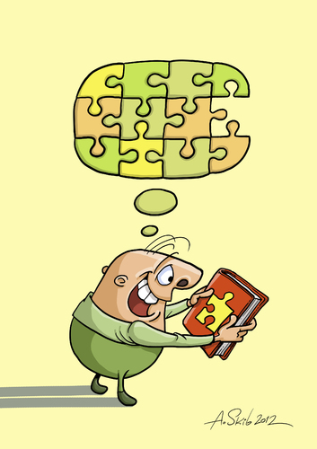 Cartoon: Thought-puzzle (medium) by Alex Skibelsky tagged book,thought,puzzle,piece,joy,thinking,reading,happiness,wisdom,knowledge,mindset
