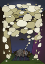 Cartoon: Thoughts hinder sleep (small) by Alex Skibelsky tagged thoughts,thought,thinking,dream,insomnia,sleep,bed,night,bedroom,blanket,pillow