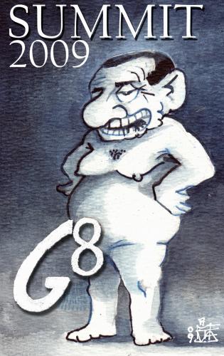 Cartoon: G8 in Italy (medium) by matteo bertelli tagged berlusconi,g8,italy,summit,g8,gipfel,summit,italien,aquila,berlusconi,silvio berlusconi,g20,laquila,eu,wirtschaftskrise,finanzkrise,penis,macho,mann,nackt,nacktsein,affäre,sexismus,phallus,silvio