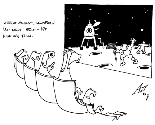 Cartoon: moon landing (medium) by alex tagged moon,landing,alien,usa,fake,mondlandung,mond,cinema,kino,film,movie
