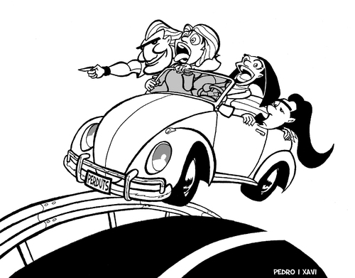 Cartoon: Adrift in beetle (medium) by Xavi dibuixant tagged car,beetle,strip,comic,adrift,beetle,auto,käfer,volkswagen,jugendliche,straße,autobahn,autofahren,rasen,fahrzeug,spaß,gruppe