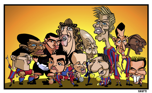 Cartoon: FC Barcelona 2011 (medium) by Xavi dibuixant tagged cartoon,caricature,caricatura,villa,pedro,messi,busquets,iniesta,xavi,alves,pique,puyol,abidal,valdes,victor,2011,barcelona,fc,fcb