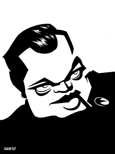 Cartoon: Orson Welles (medium) by Xavi dibuixant tagged orson,welles,director,cinema,hollywood,star,oscar,citizen,kane,orson,welles,kino,usa,regisseur,hollywood,citizen,kane,karikatur,pfeiffe,rauchen,mann