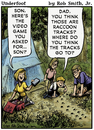 Cartoon: Camping cartoon (small) by RobSmithJr tagged camp,video,game,outdoors,family,tent,raccoon,track,tracks,animal,critter,critters,animals,wild,life,wildlife,supplies,supply,equipment