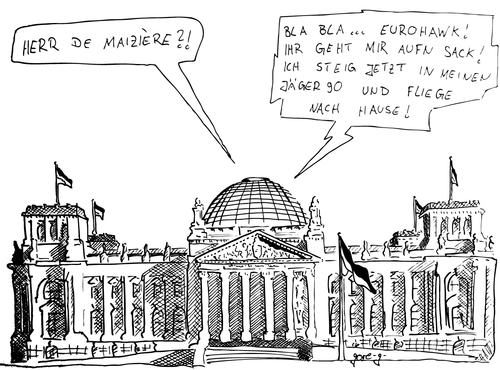 Cartoon: die Enddrohnung (medium) by gore-g tagged euwohawk,jäger,90,eurofighter,de,maiziere,drohne