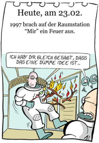 Cartoon: 23. Februar (medium) by chronicartoons tagged mir,marshmalluw,lagerfeuer,weltraumstation,astrronaut,cartoon