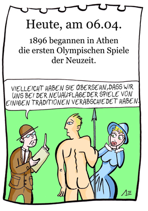 Cartoon: 6. April (medium) by chronicartoons tagged olympiade,speerwurf,nackt,leichtathletik,sport,cartoon